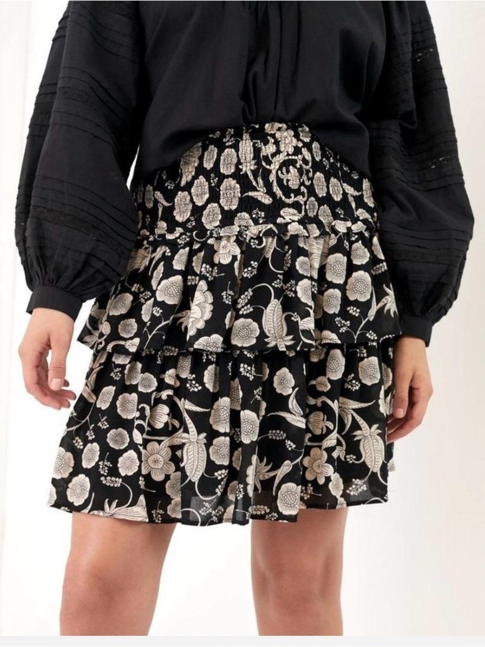 Anthropologie Black and Cream Floral Tiered Mini Skirt